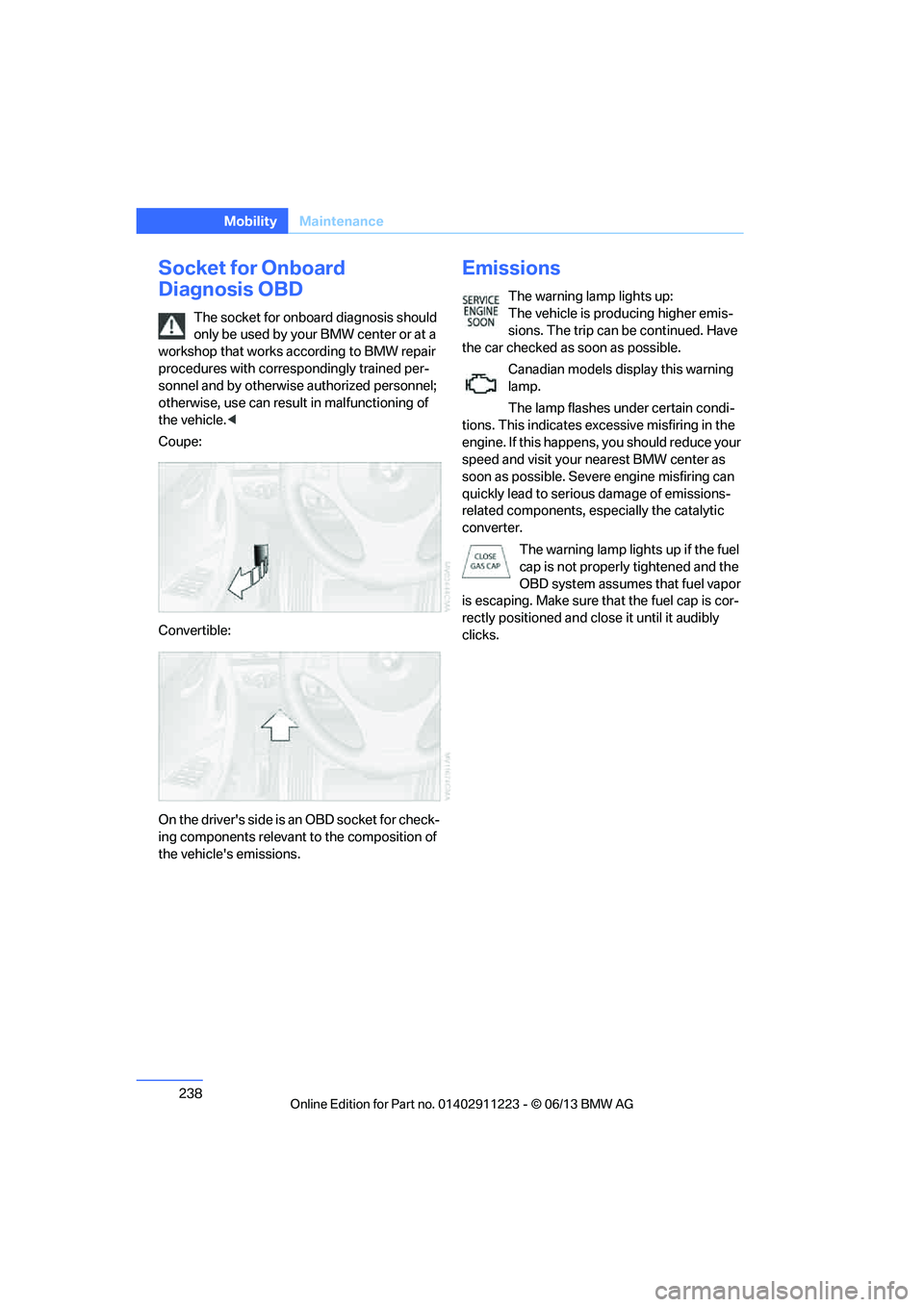 BMW 128I CONVERTIBLE 2013  Owners Manual 238
MobilityMaintenance
Socket for Onboard 
Diagnosis OBD
The socket for onboard diagnosis should 
only be used by your BMW center or at a 
workshop that works according to BMW repair 
procedures with