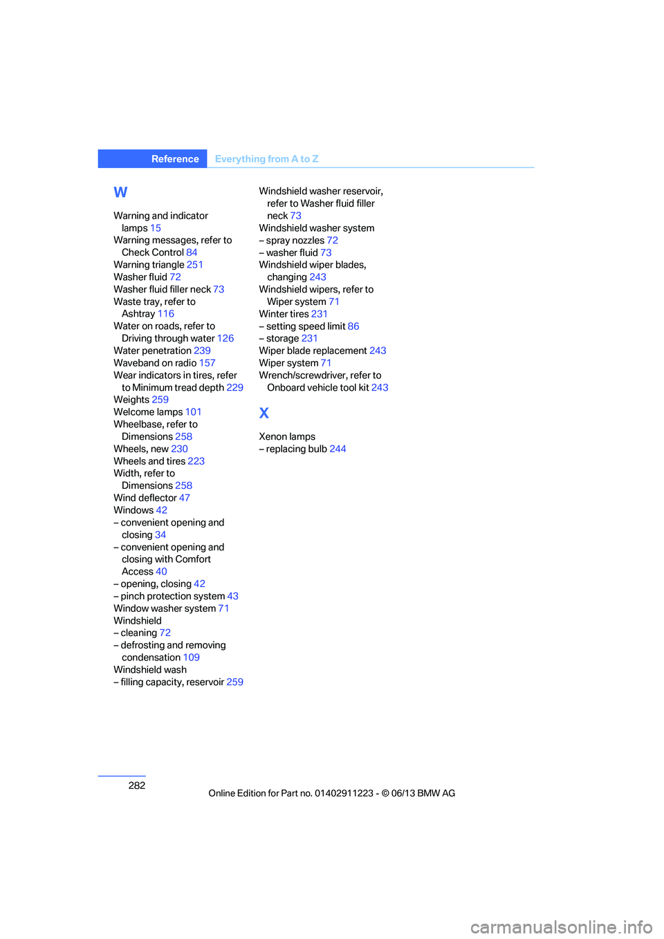 BMW 128I CONVERTIBLE 2013  Owners Manual 282
ReferenceEverything from A to Z
W
Warning and indicator 
lamps 15
Warning messages, refer to 
Check Control 84
Warning triangle 251
Washer fluid 72
Washer fluid filler neck 73
Waste tray, refer to