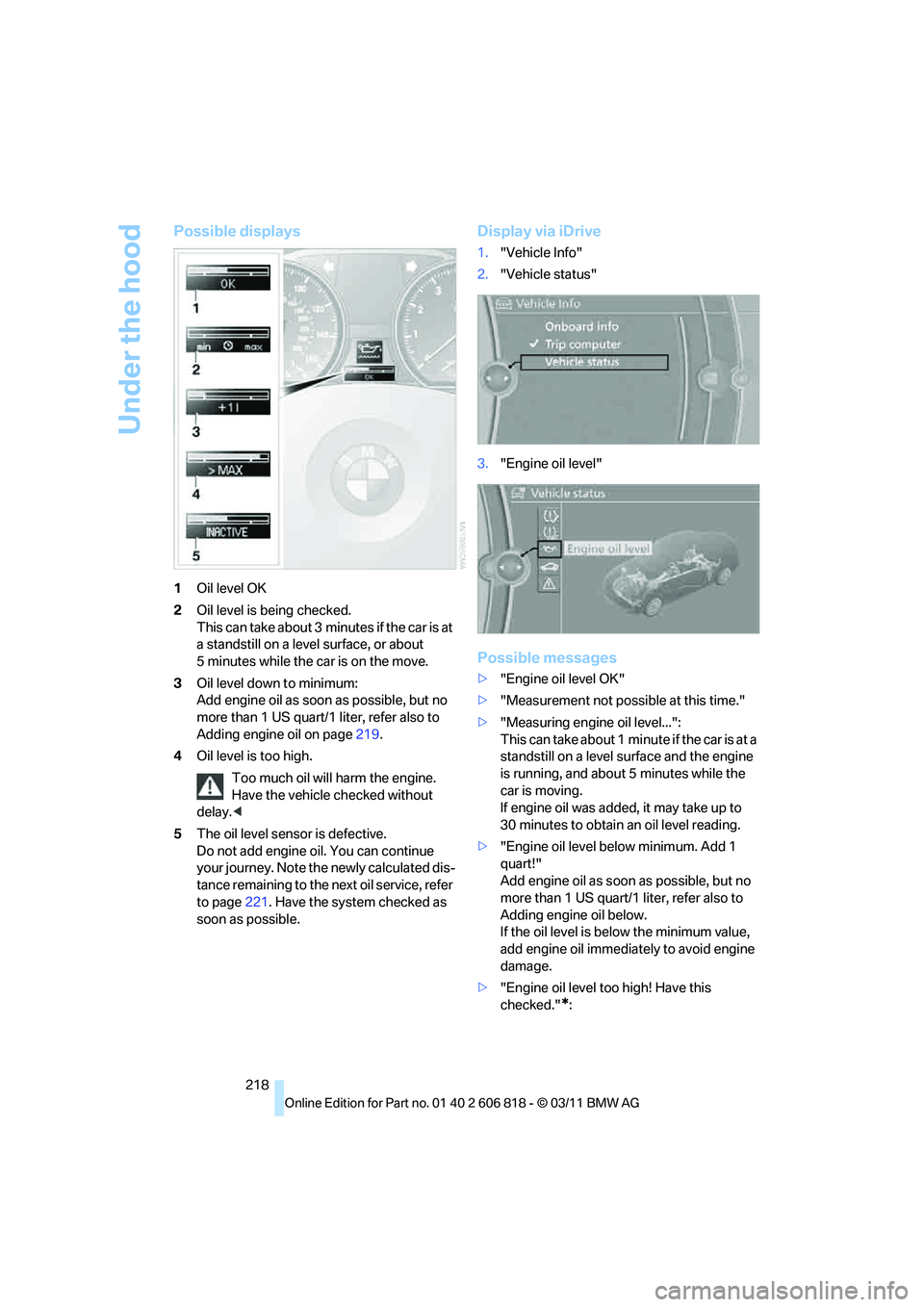 BMW 128I CONVERTIBLE 2012  Owners Manual Under the hood
218
Possible displays
1Oil level OK
2Oil level is being checked.
This can take about 3 minutes if the car is at 
a standstill on a level surface, or about 
5 minutes while the car is on