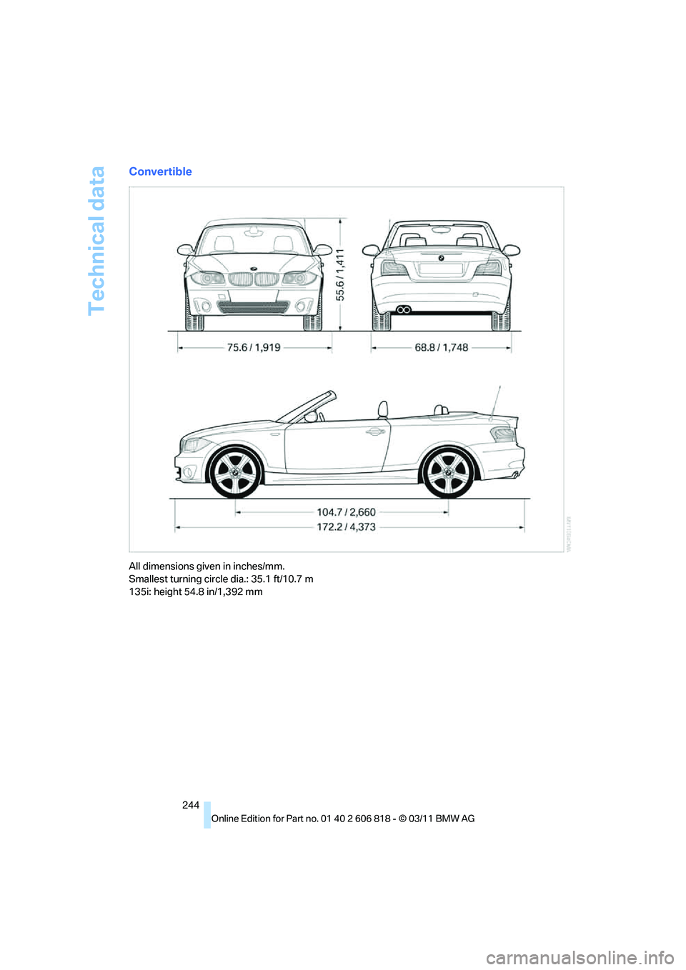 BMW 128I CONVERTIBLE 2012  Owners Manual Technical data
244
Convertible
All dimensions given in inches/mm. 
Smallest turning circle dia.: 35.1 ft/10.7 m
135i: height 54.8 in/1,392 mm 