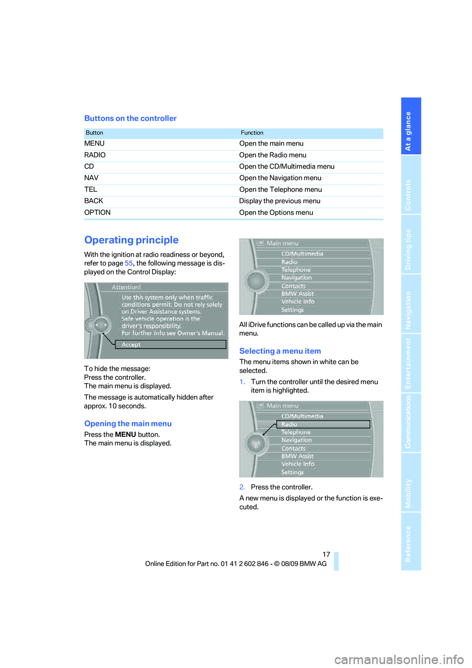 BMW 128I COUPE 2010  Owners Manual At a glance
 17Reference
Controls
Driving tips
Communications
Navigation
Entertainment
Mobility
Buttons on the controller
Operating principle
With the ignition at radio readiness or beyond, 
refer to 