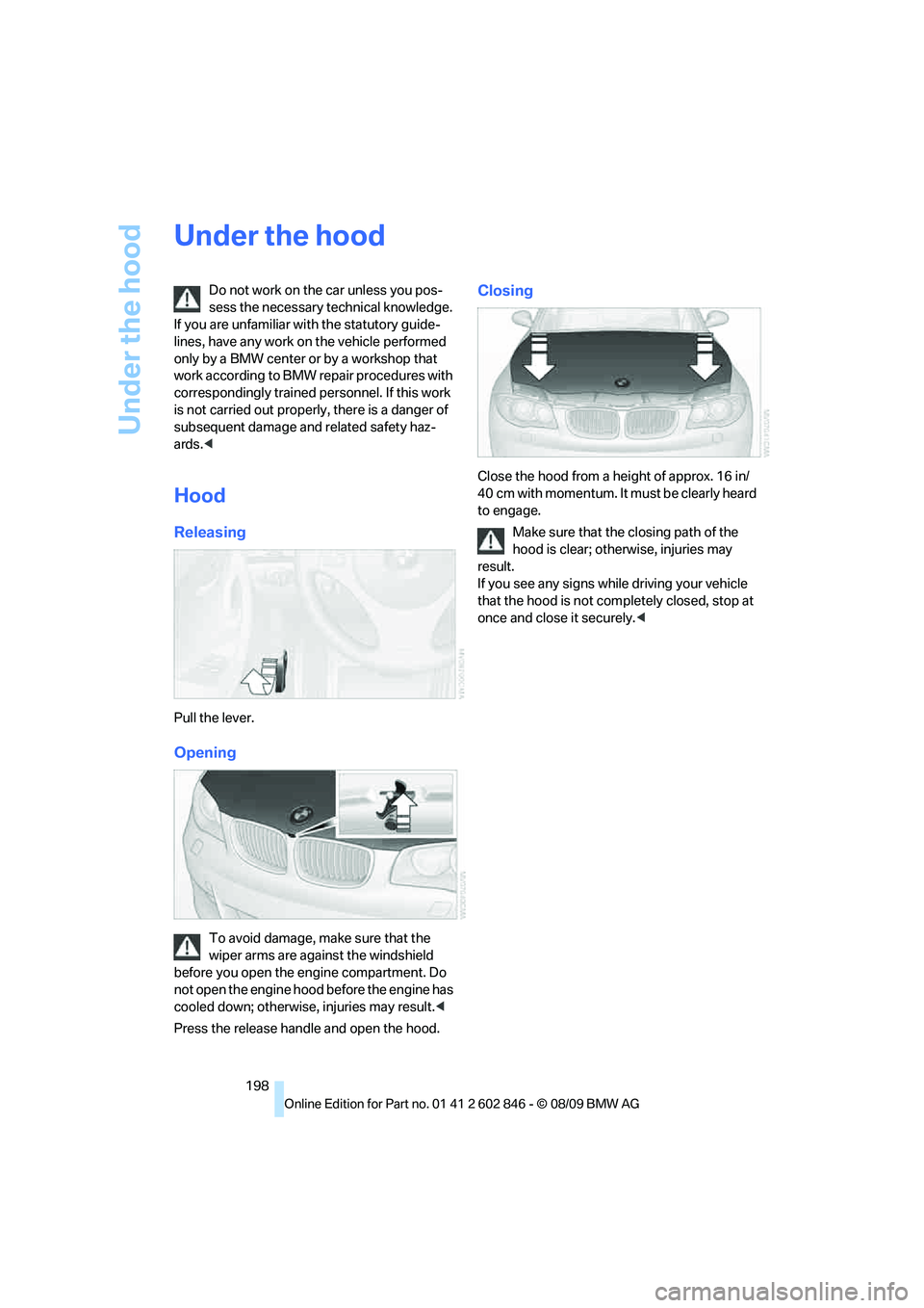 BMW 128I COUPE 2010 Owners Manual Under the hood
198
Under the hood
Do not work on the car unless you pos-
sess the necessary technical knowledge.
If you are unfamiliar with the statutory guide-
lines, have any work on the vehicle pe BMW 128I COUPE 2010 Owners Manual Under the hood
198
Under the hood
Do not work on the car unless you pos-
sess the necessary technical knowledge.
If you are unfamiliar with the statutory guide-
lines, have any work on the vehicle pe