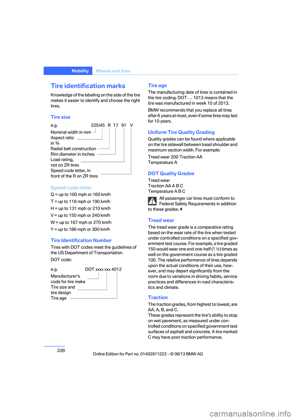 BMW 135I CONVERTIBLE 2013  Owners Manual 228
MobilityWheels and tires
Tire identification marks
Knowledge of the labeling on the side of the tire 
makes it easier to identify and choose the right 
tires.
Tire size
Speed code letter
Q = up to