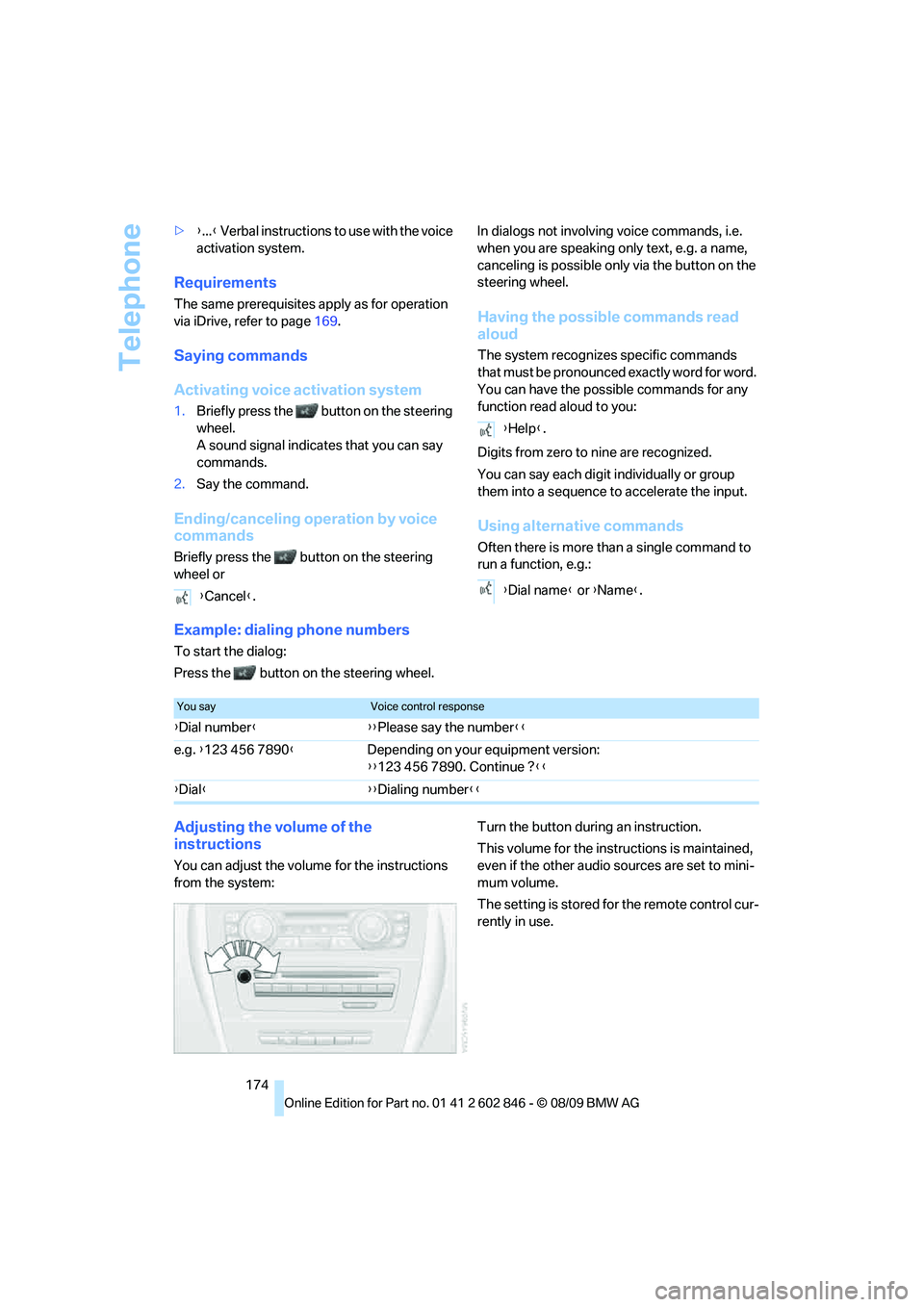 BMW 135I CONVERTIBLE 2010 Owners Manual Telephone
174 >{...} Verbal instructions to use with the voice
activation system.
Requirements
The same prerequisites apply as for operation
via iDrive, refer to page169.
Saying commands
Activating BMW 135I CONVERTIBLE 2010 Owners Manual Telephone
174 >{...} Verbal instructions to use with the voice
activation system.
Requirements
The same prerequisites apply as for operation
via iDrive, refer to page169.
Saying commands
Activating