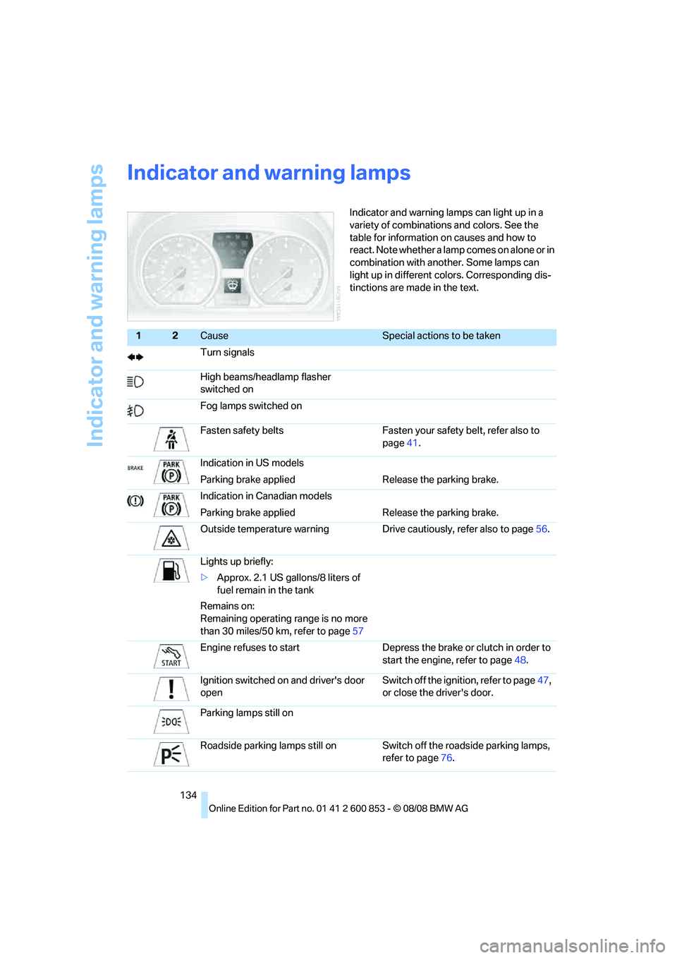 BMW 135I CONVERTIBLE 2009  Owners Manual Indicator and warning lamps
134
Indicator and warning lamps
Indicator and warning lamps can light up in a 
variety of combinations and colors. See the 
table for information on causes and how to 
reac