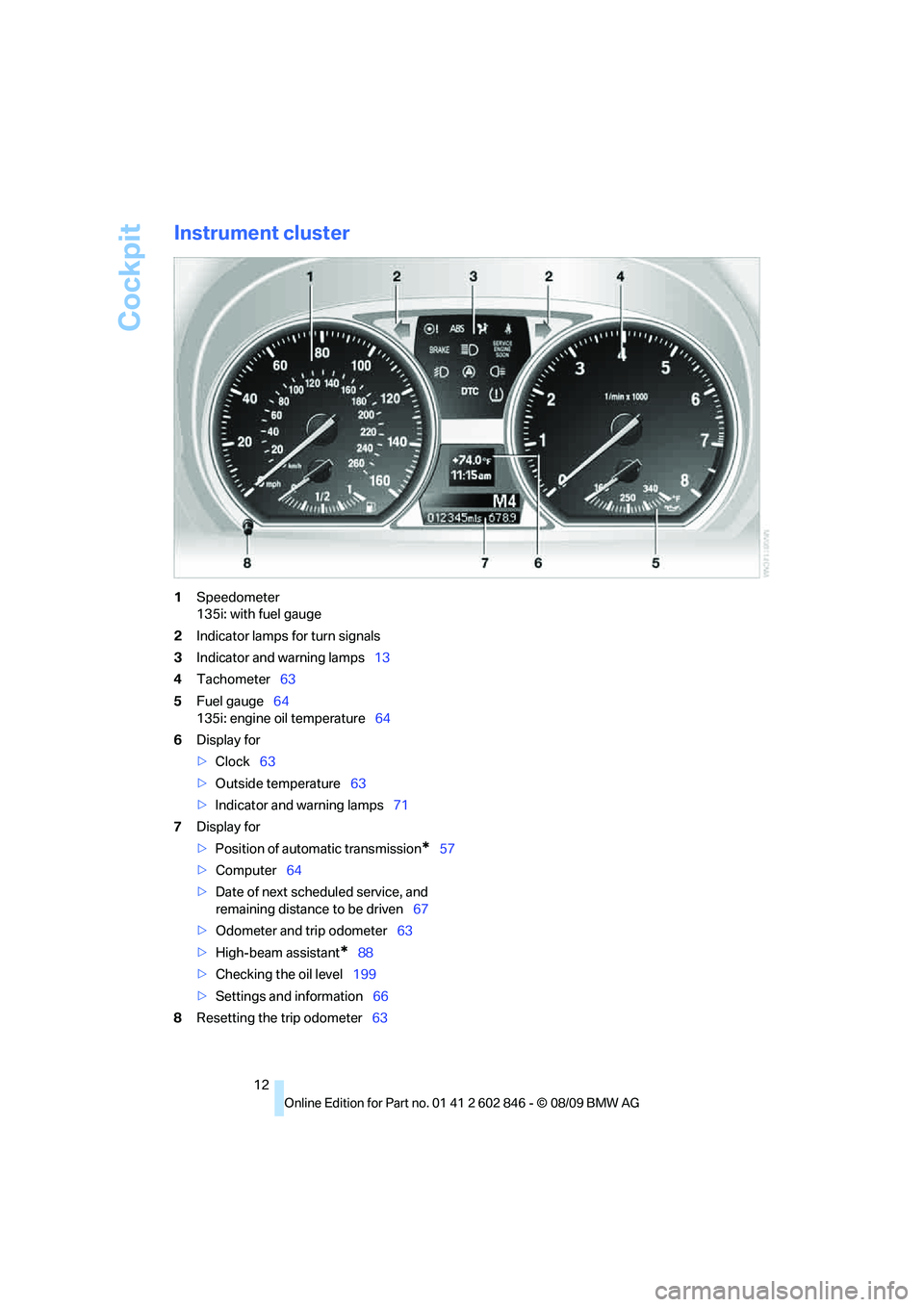BMW 135I COUPE 2010  Owners Manual Cockpit
12
Instrument cluster
1Speedometer
135i: with fuel gauge
2Indicator lamps for turn signals
3Indicator and warning lamps13
4Tachometer63
5Fuel gauge64
135i: engine oil temperature64
6Display fo