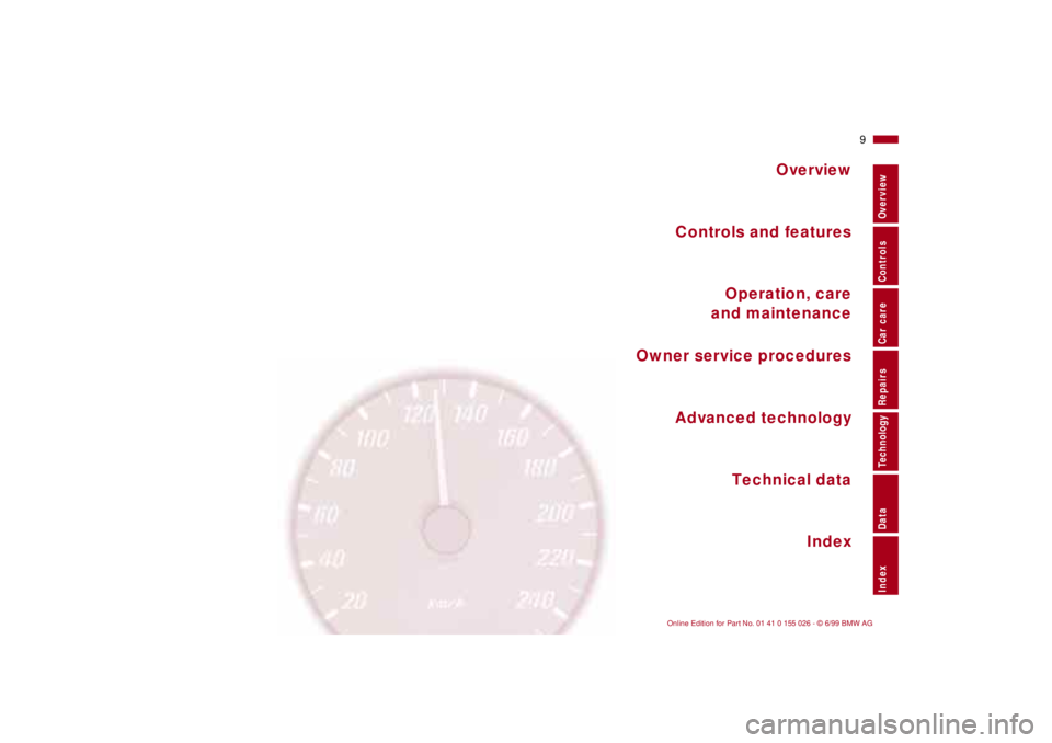 BMW 323Ci 2000  Owners Manual  
Overview
Controls and features
Operation, care
and maintenance
Owner service procedures
Technical data
Index Advanced technology
 
9n
 
RepairsIndexOverview Controls Car care Technology Data 