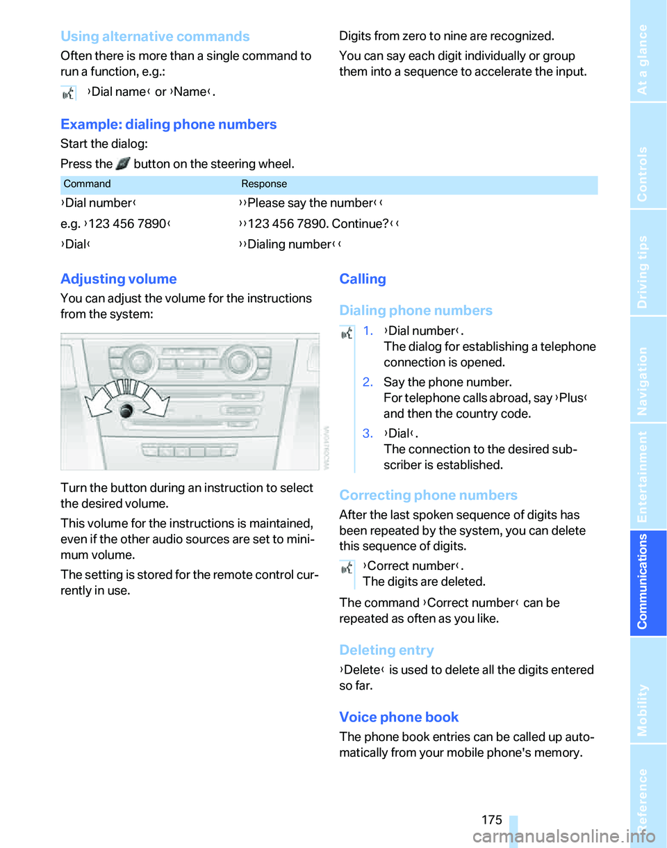 BMW 323i 2006  Owners Manual  175
Entertainment
Reference
At a glance
Controls
Driving tips Communications
Navigation
Mobility
Using alternative commands
Often there is more than a single command to 
run a function, e.g.: Digits 