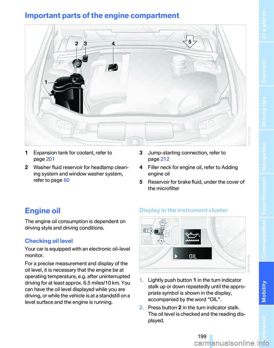 BMW 323i 2006  Owners Manual Mobility
 199Reference
At a glance
Controls
Driving tips
Communications
Navigation
Entertainment
Important parts of the engine compartment
1Expansion tank for coolant, refer to 
page201
2Washer fluid 