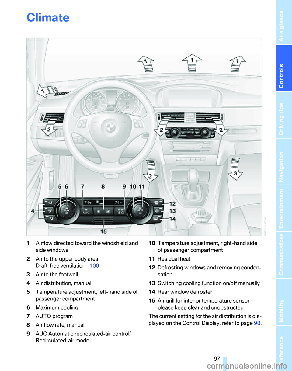 BMW 325I 2006  Owners Manual Controls
 97Reference
At a glance
Driving tips
Communications
Navigation
Entertainment
Mobility
Climate
1Airflow directed toward the windshield and 
side windows
2Air to the upper body area 
Draft-fre