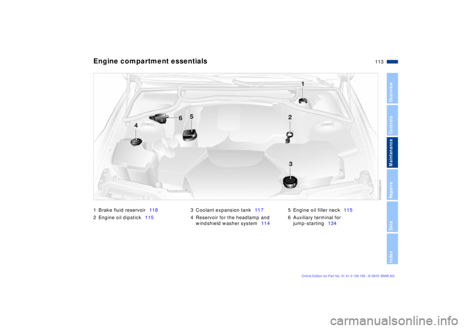 BMW 325I 2002  Owners Manual 113n
OverviewControlsMaintenanceRepairsDataIndex
Engine compartment essentials1 Brake fluid reservoir118
2 Engine oil dipstick1153 Coolant expansion tank117
4 Reservoir for the headlamp and 
windshiel