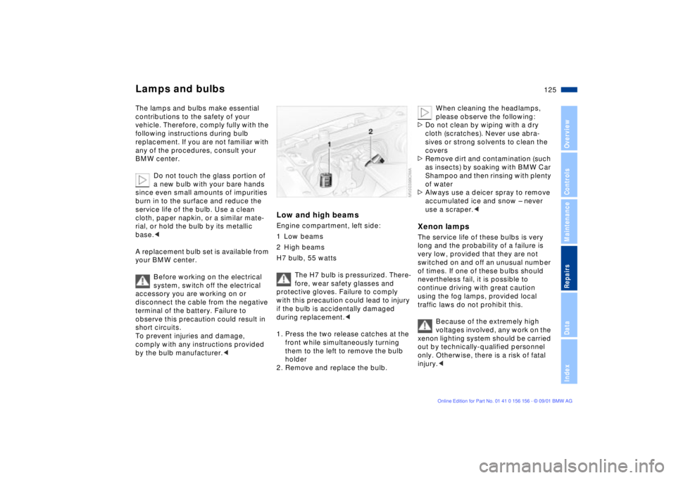 BMW 325I 2002  Owners Manual 125n
OverviewControlsMaintenanceRepairsDataIndex
Lamps and bulbsThe lamps and bulbs make essential 
contributions to the safety of your 
vehicle. Therefore, comply fully with the 
following instructio