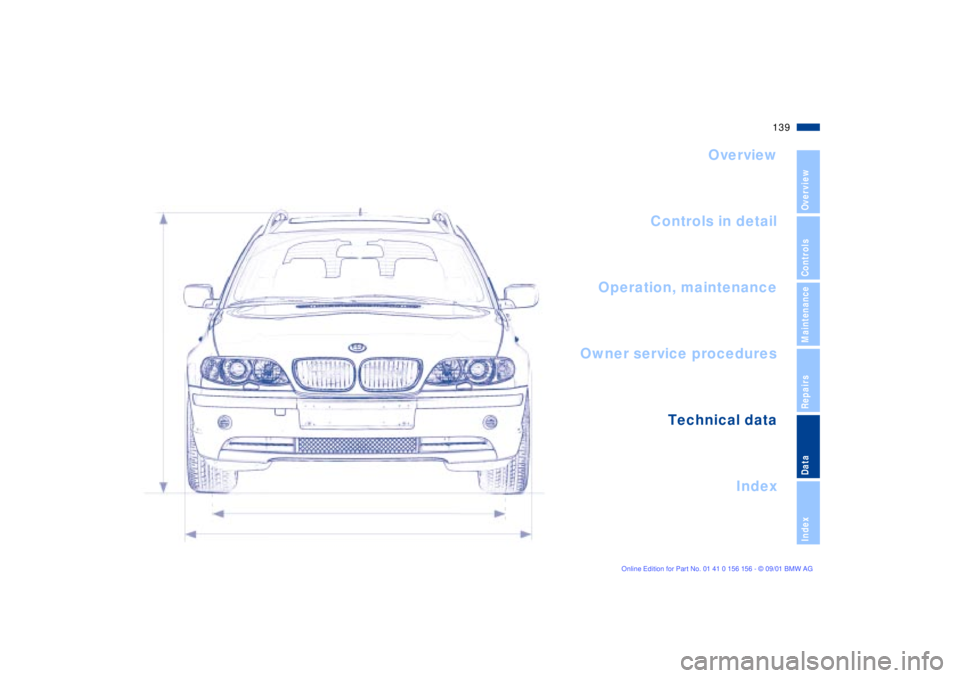BMW 325I 2002  Owners Manual 139n
OverviewControlsMaintenanceRepairsDataIndex
Overview
Controls in detail
Operation, maintenance
Owner service procedures
Index Technical data
   
Data 