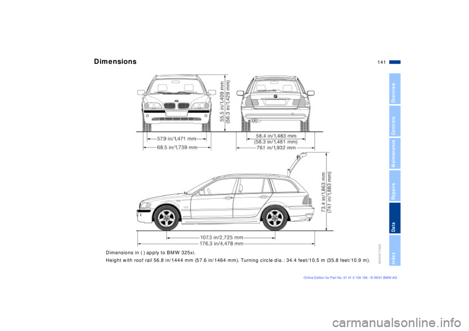 BMW 325I 2002  Owners Manual 141n
OverviewControlsMaintenanceRepairsDataIndex
 
Dimensions in ( ) apply to BMW 325xi. 
Height with roof rail 56.8 in/1444 mm (57.6 in/1464 mm). Turning circle dia. : 34.4 feet/10.5 m (35.8 feet/10.