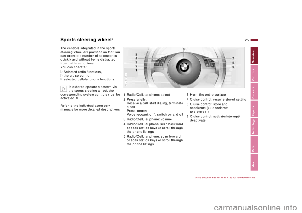 BMW 325I 2001 Owners Manual 25n
IndexDataTechnologyRepairsCar careControlsOverview
Sports steering wheel
*
The controls integrated in the sports
steering wheel are provided so that you
can operate a number of accessories
quic BMW 325I 2001 Owners Manual 25n
IndexDataTechnologyRepairsCar careControlsOverview
Sports steering wheel
*
The controls integrated in the sports
steering wheel are provided so that you
can operate a number of accessories
quic
