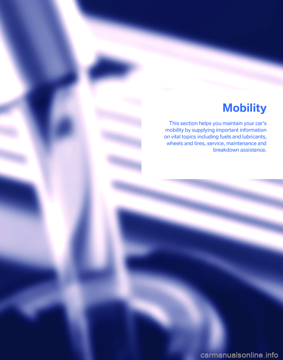 BMW 325XI 2005  Owners Manual Mobility
This section helps you maintain your cars
mobility by supplying important information
on vital topics including fuels and lubricants,
wheels and tires, service, maintenance and
breakdown ass