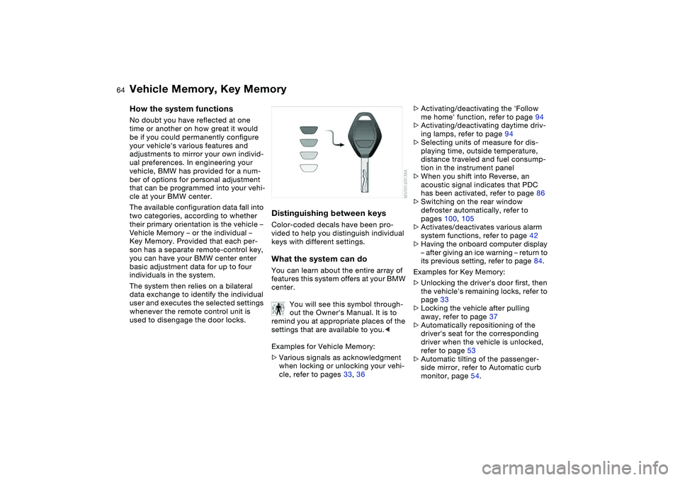 BMW 325XI 2004 Owners Manual 64
Vehicle Memory, Key MemoryHow the system functionsNo doubt you have reflected at one
time or another on how great it would
be if you could permanently configure
your vehicles various features a BMW 325XI 2004 Owners Manual 64
Vehicle Memory, Key MemoryHow the system functionsNo doubt you have reflected at one
time or another on how great it would
be if you could permanently configure
your vehicles various features a