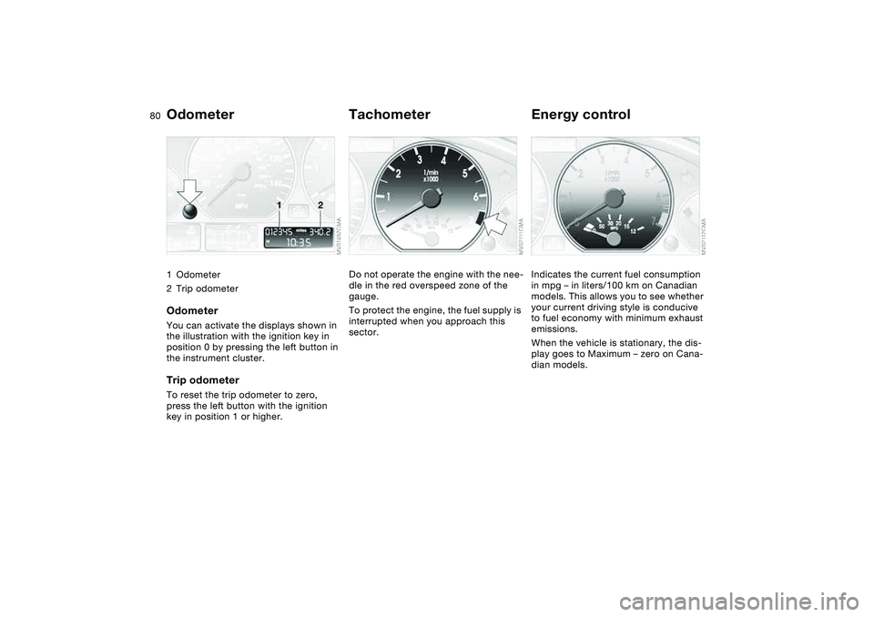 BMW 325XI 2004  Owners Manual 80Everything under control
Odometer1Odometer
2Trip odometerOdometerYou can activate the displays shown in 
the illustration with the ignition key in 
position 0 by pressing the left button in 
the ins