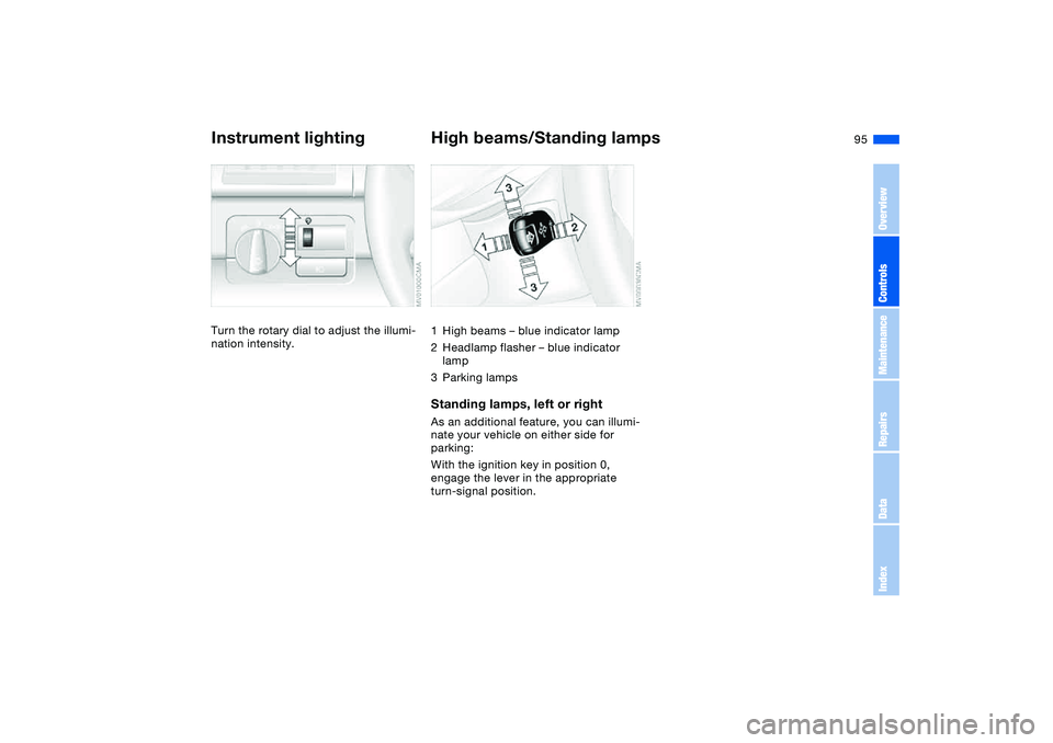 BMW 325XI 2004  Owners Manual 95
Instrument lightingTurn the rotary dial to adjust the illumi-
nation intensity.
High beams/Standing lamps1High beams – blue indicator lamp
2Headlamp flasher – blue indicator 
lamp
3Parking lamp