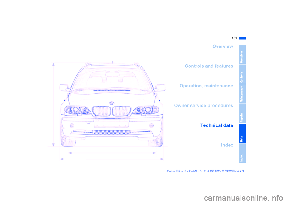BMW 325XI 2003  Owners Manual 151
Overview
Controls and features
Operation, maintenance
Owner service procedures
Technical data
Index
OverviewControlsMaintenanceRepairsDataIndex
handbook.book  Page 151  Saturday, July 27, 2002  1:
