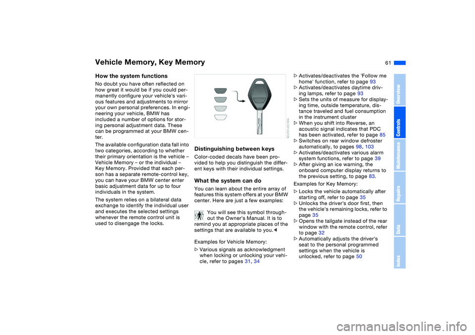 BMW 325XI SEDAN 2005 Owners Manual 61
Vehicle Memory, Key MemoryHow the system functionsNo doubt you have often reflected on
how great it would be if you could per-
manently configure your vehicles vari-
ous features and adjustments BMW 325XI SEDAN 2005 Owners Manual 61
Vehicle Memory, Key MemoryHow the system functionsNo doubt you have often reflected on
how great it would be if you could per-
manently configure your vehicles vari-
ous features and adjustments