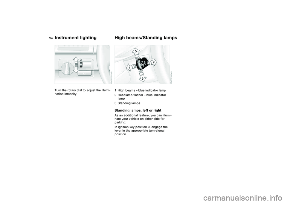 BMW 325XI SPORTS WAGON 2004  Owners Manual 94
Instrument lightingTurn the rotary dial to adjust the illumi-
nation intensity.
High beams/Standing lamps1High beams – blue indicator lamp
2Headlamp flasher – blue indicator 
lamp
3Standing lam