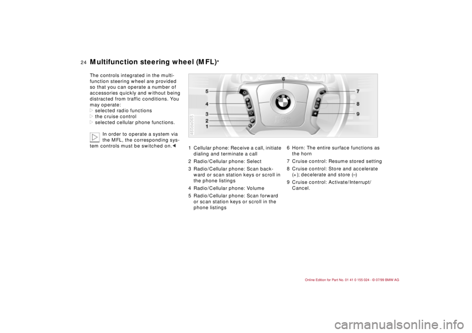 BMW 328I 2000  Owners Manual 24n
Multifunction steering wheel (MFL)
*
The controls integrated in the multi-
function steering wheel are provided 
so that you can operate a number of 
accessories quickly and without being 
distrac