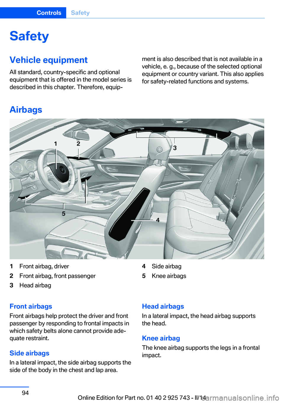 BMW 328I SEDAN 2014  Owners Manual SafetyVehicle equipment
All standard, country-specific and optional
equipment that is offered in the model series is
described in this chapter. Therefore, equip‐ment is also described that is not av