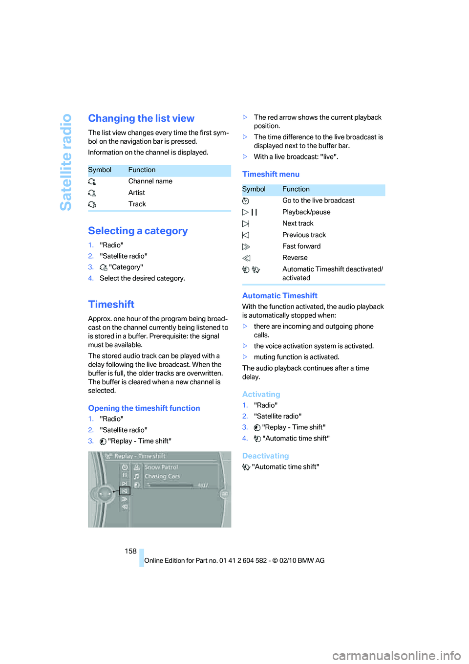 BMW 328I SEDAN 2011  Owners Manual Satellite radio
158
Changing the list view
The list view changes every time the first sym-
bol on the navigation bar is pressed.
Information on the channel is displayed.
Selecting a category
1."Radio"