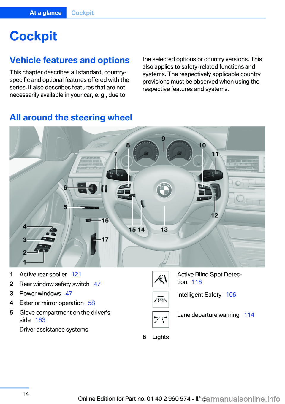 BMW 328I XDRIVE GRAN TURISMO 2015  Owners Manual CockpitVehicle features and options
This chapter describes all standard, country-
specific and optional features offered with the
series. It also describes features that are not
necessarily available 
