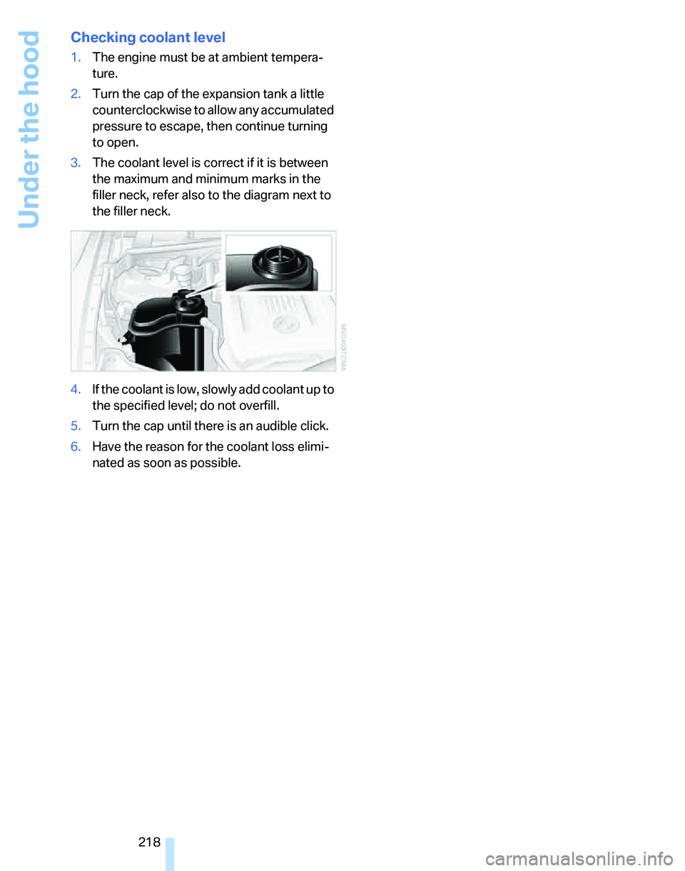 BMW 328XI 2007  Owners Manual Under the hood
218
Checking coolant level
1.The engine must be at ambient tempera-
ture.
2.Turn the cap of the expansion tank a little 
counterclockwise to allow any accumulated 
pressure to escape, t