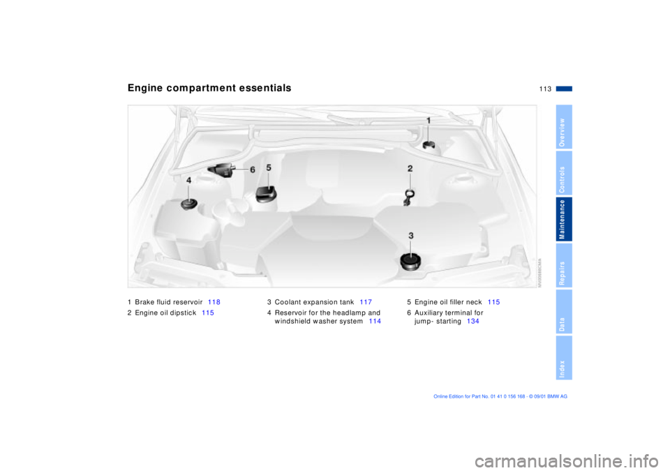 BMW 330I 2002  Owners Manual 113n
OverviewControlsMaintenanceRepairsDataIndex
Engine compartment essentials1 Brake fluid reservoir118
2 Engine oil dipstick1153 Coolant expansion tank117
4 Reservoir for the headlamp and 
windshiel
