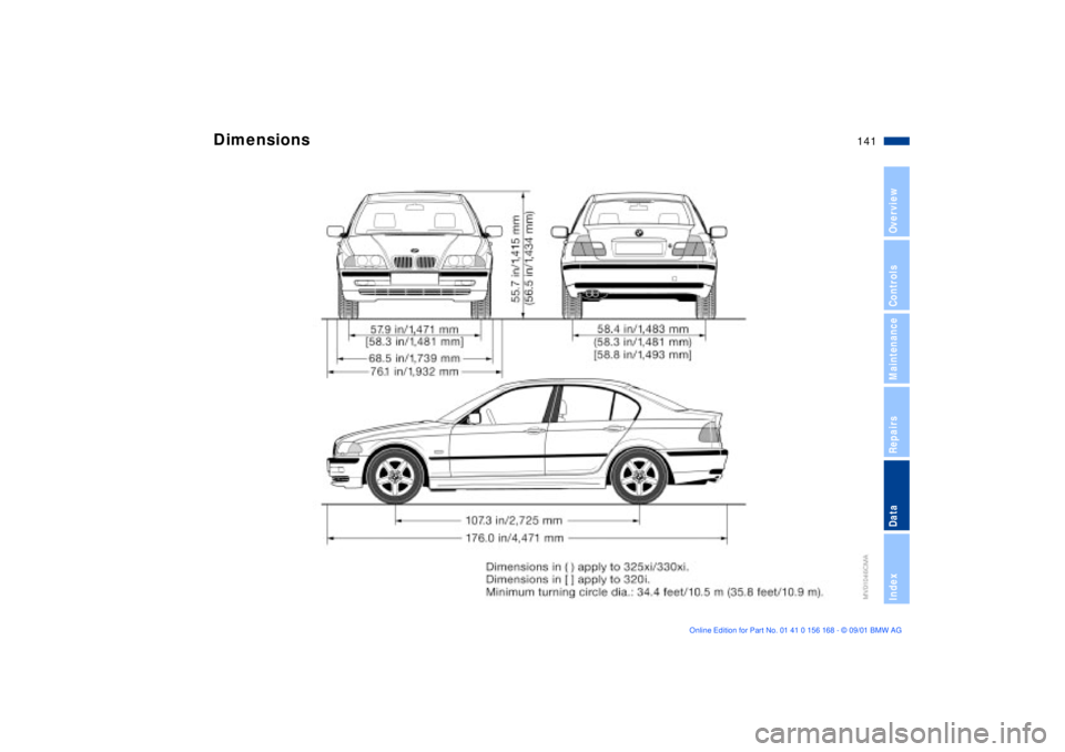 BMW 330I 2002  Owners Manual 141n
OverviewControlsMaintenanceRepairsDataIndex
Dimensions 