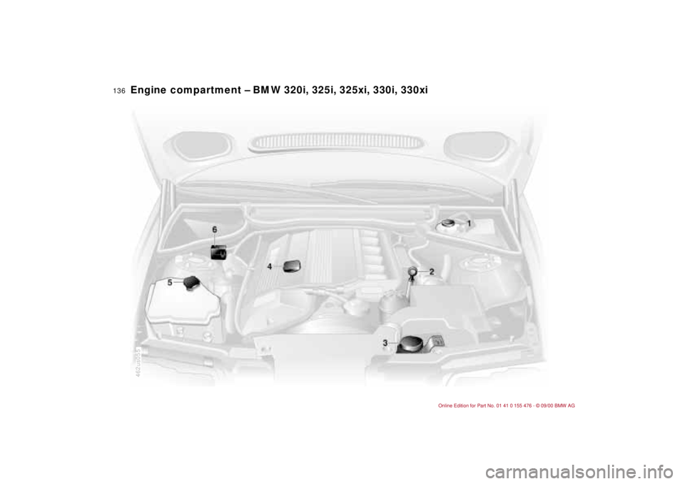 BMW 330I 2001  Owners Manual 136n
Engine compartment Ð BMW 320i, 325i, 325xi, 330i, 330xi 
462us055 