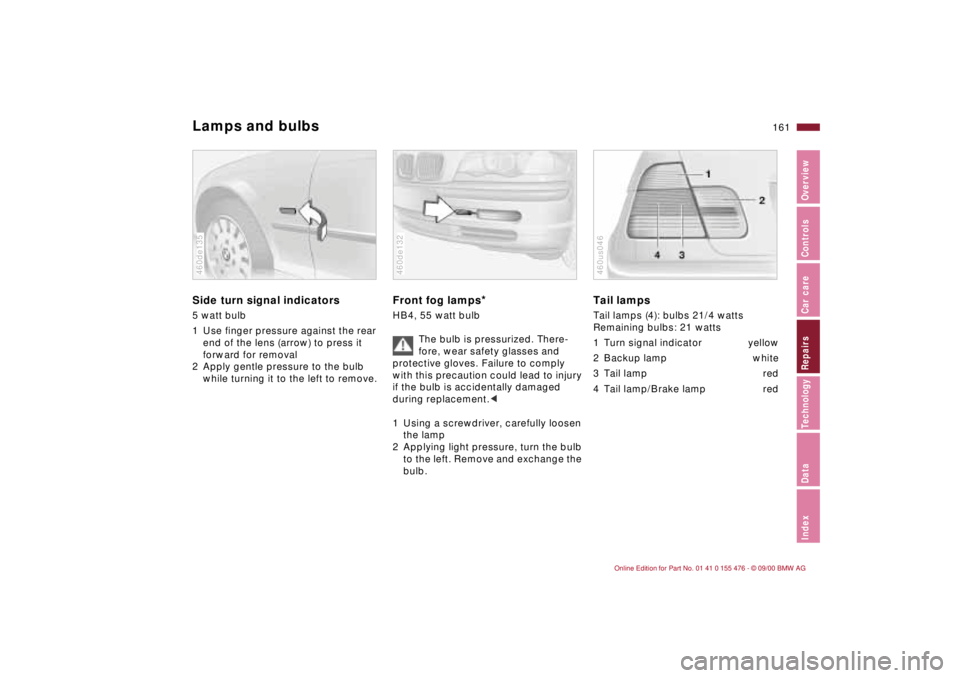 BMW 330I 2001  Owners Manual 161n
IndexDataTechnologyRepairsCar careControlsOverview
Lamps and bulbsSide turn signal indicators
 
5 watt bulb
1 Use finger pressure against the rear 
end of the lens (arrow) to press it 
forward fo