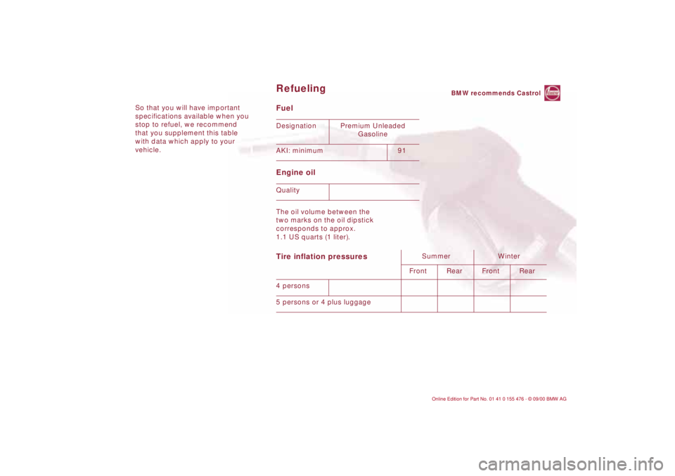 BMW 330I 2001  Owners Manual So that you will have important 
specifications available when you 
stop to refuel, we recommend 
that you supplement this table 
with data which apply to your 
vehicle. 
Fuel 
Engine oil The oil volu