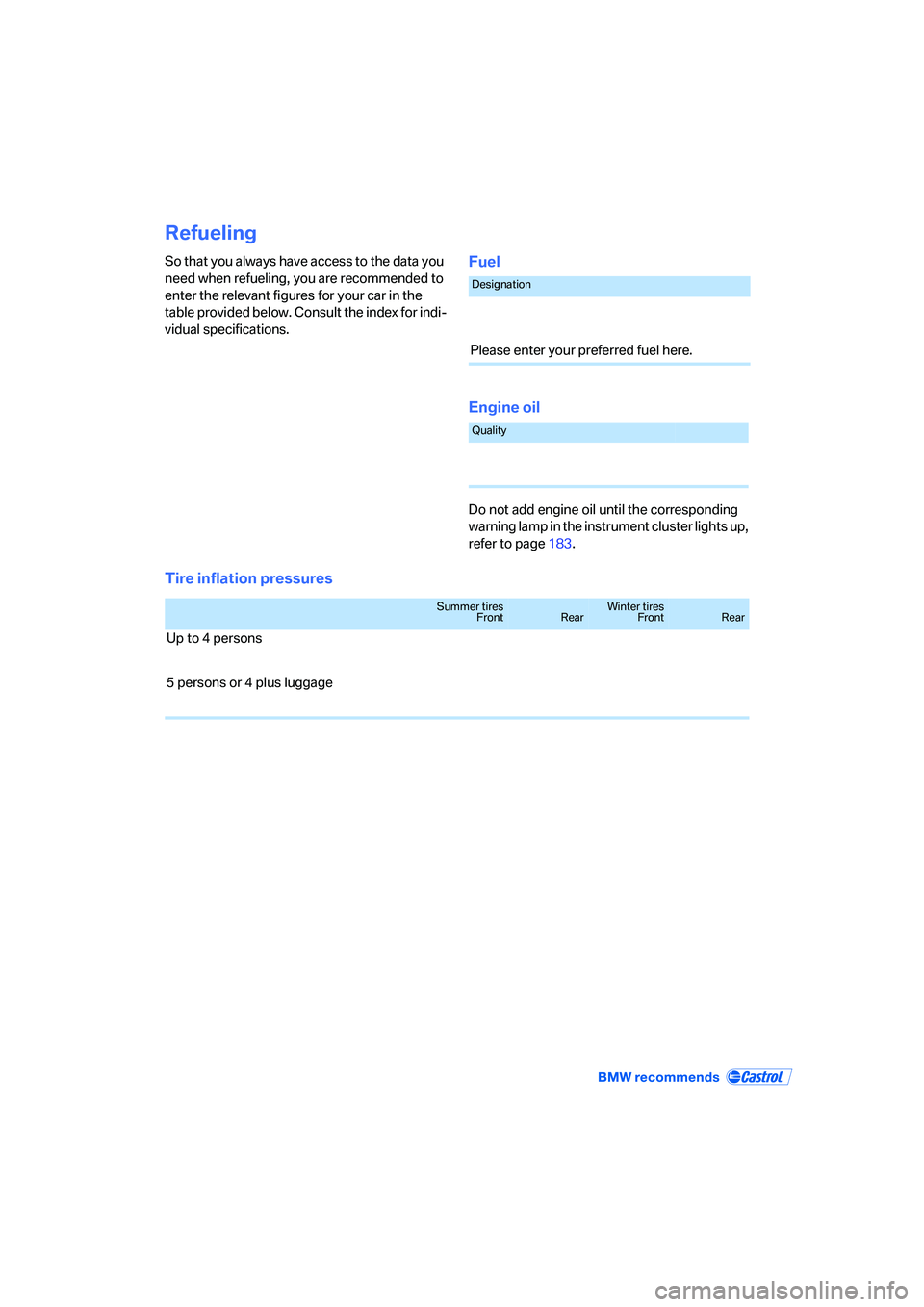 BMW 330XI IDRIVE SEDAN 2005  Owners Manual Refueling
So that you always have access to the data you 
need when refueling, you are recommended to 
enter the relevant figures for your car in the 
table provided below. Consult the index for indi-