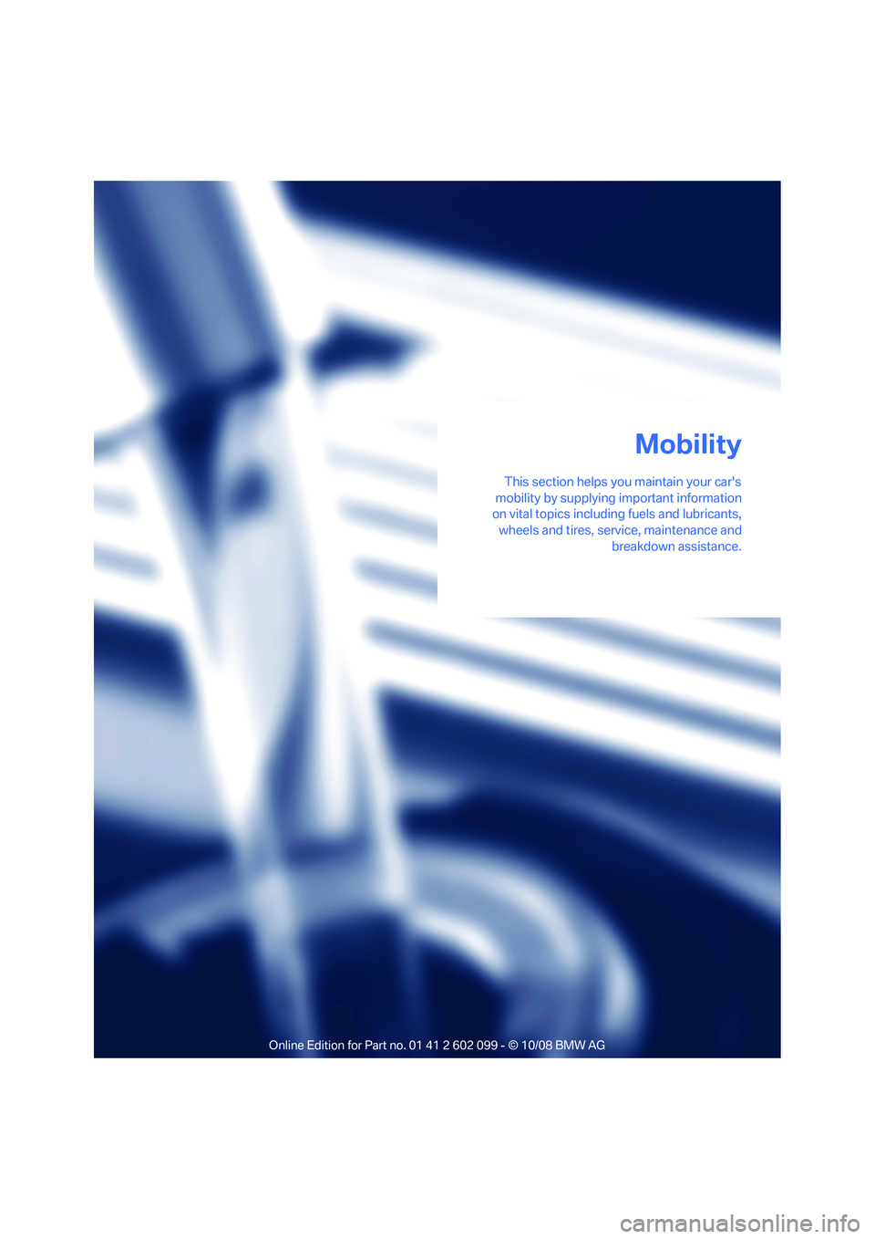BMW 330D 2009  Owners Manual Mobility
This section helps you maintain your cars
mobility by supplying important information
on vital topics including fuels and lubricants,
wheels and tires, serv ice, maintenance and
breakdown as