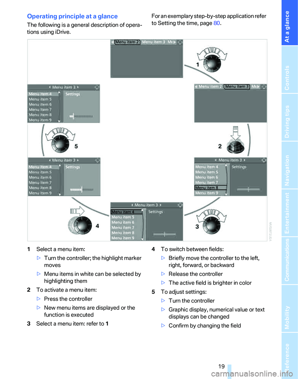 BMW 335I 2007  Owners Manual At a glance
 19Reference
Controls
Driving tips
Communications
Navigation
Entertainment
Mobility
Operating principle at a glance
The following is a general description of opera-
tions using iDrive.For 