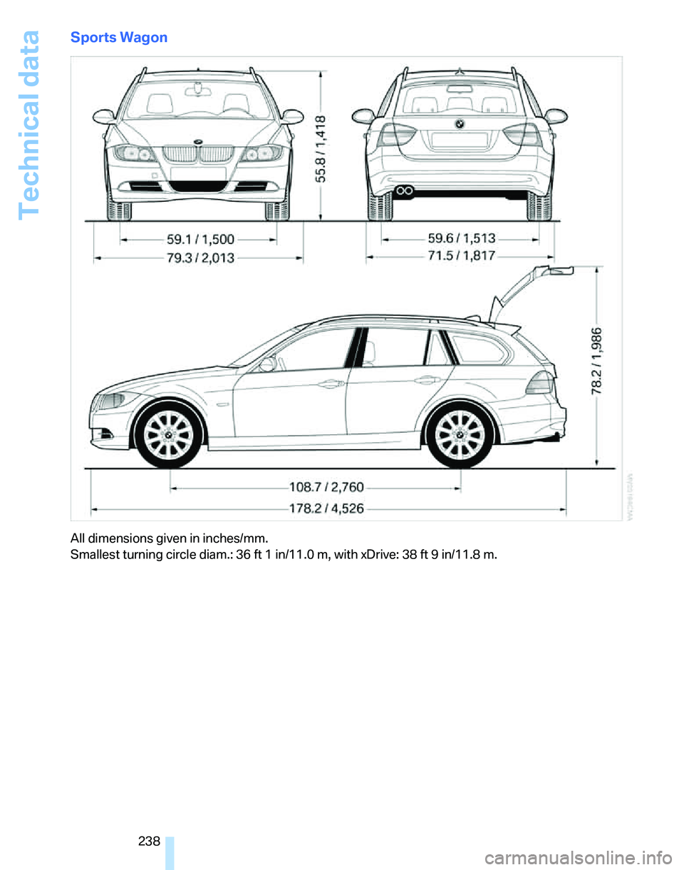 BMW 335I 2007  Owners Manual Technical data
238
Sports Wagon
All dimensions given in inches/mm. 
Smallest turning circle diam.: 36 ft 1 in/11.0 m, with xDrive: 38 ft 9 in/11.8 m. 