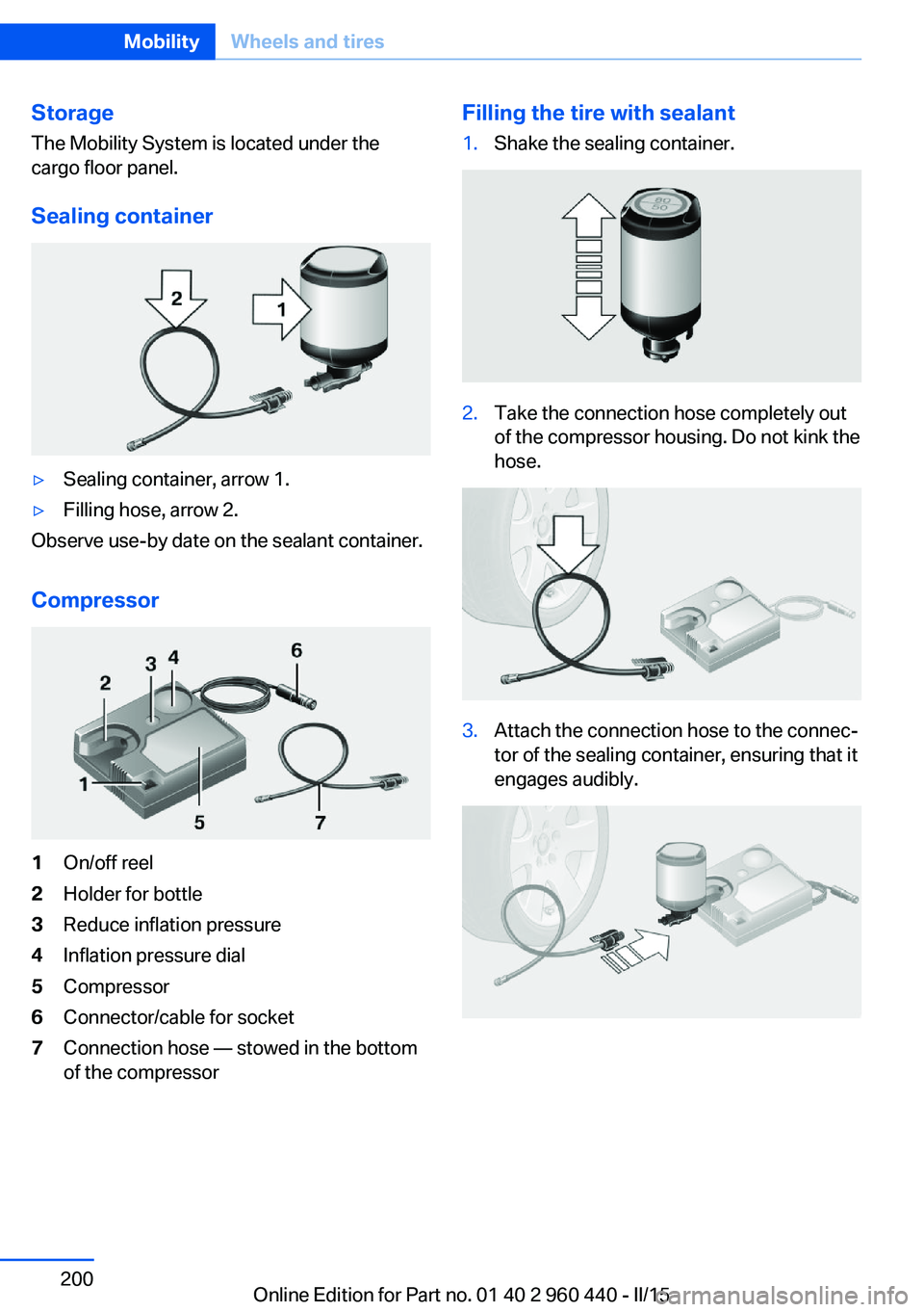 BMW 335I SEDAN 2015  Owners Manual StorageThe Mobility System is located under the
cargo floor panel.
Sealing container▷Sealing container, arrow 1.▷Filling hose, arrow 2.
Observe use-by date on the sealant container.
Compressor
1On