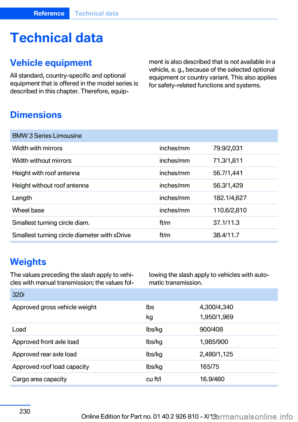 BMW 335I XDRIVE SEDAN 2013  Owners Manual Technical dataVehicle equipment
All standard, country-specific and optional
equipment that is offered in the model series is
described in this chapter. Therefore, equip‐
ment is also described that 