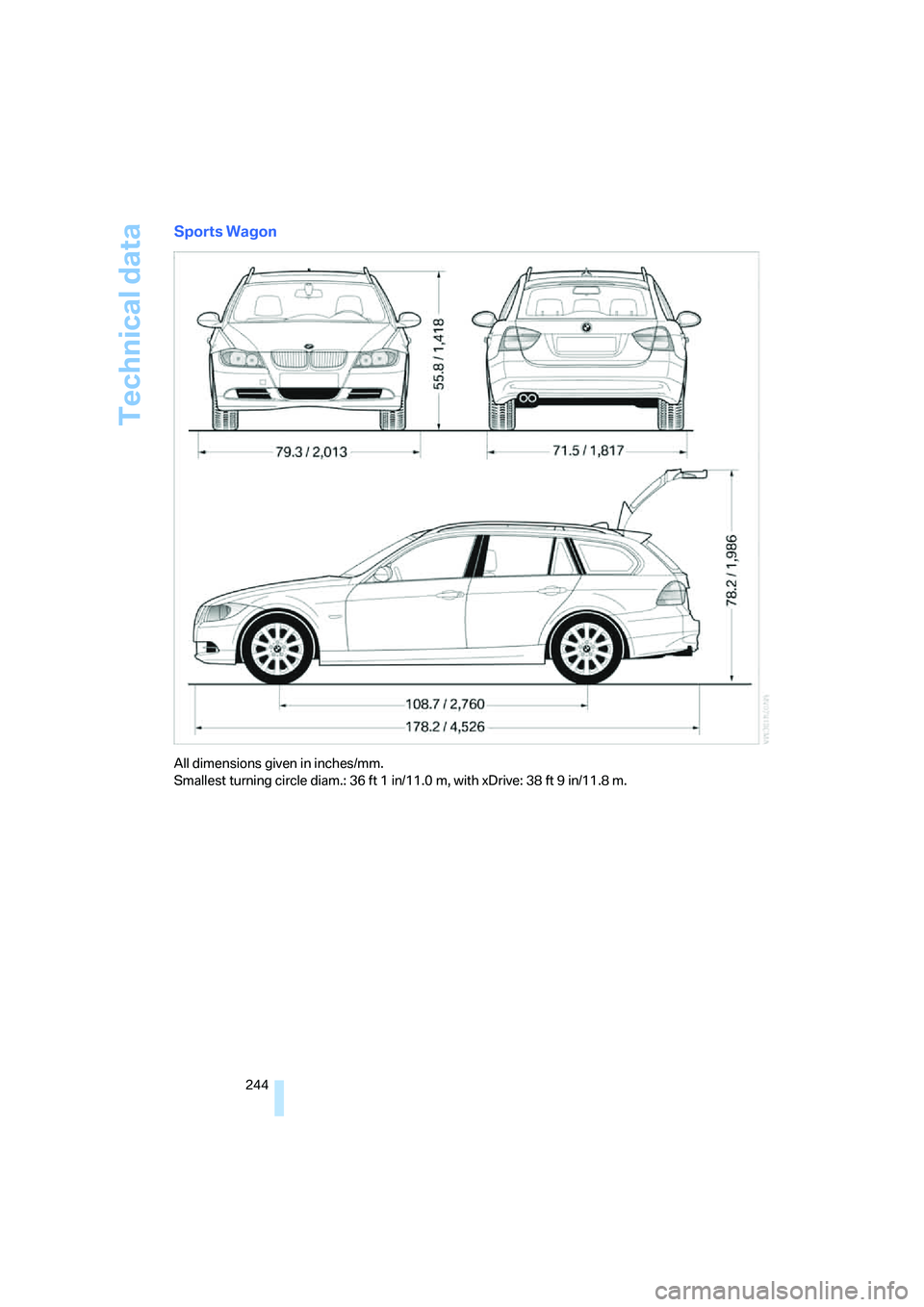 BMW 335XI 2008  Owners Manual Technical data
244
Sports Wagon
All dimensions given in inches/mm. 
Smallest turning circle diam.: 36 ft 1 in/11.0 m, with xDrive: 38 ft 9 in/11.8 m. 