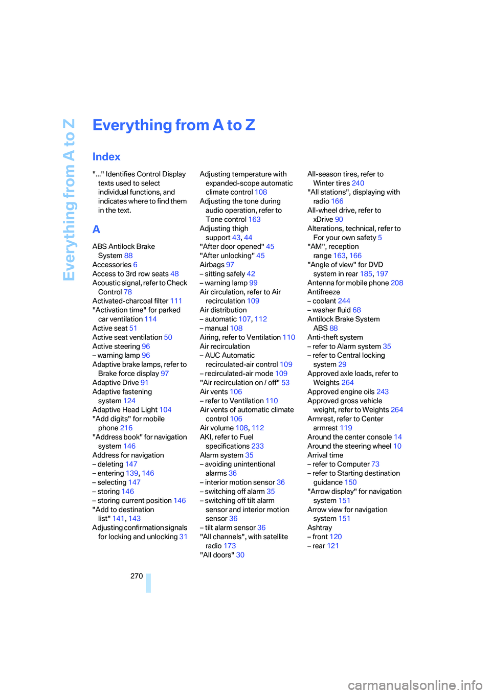 BMW 4.8I 2008  Owners Manual Everything from A to Z
270
Everything from A to Z
Index
"..." Identifies Control Display 
texts used to select 
individual functions, and 
indicates where to find them 
in the text.
A
ABS Antilock Bra
