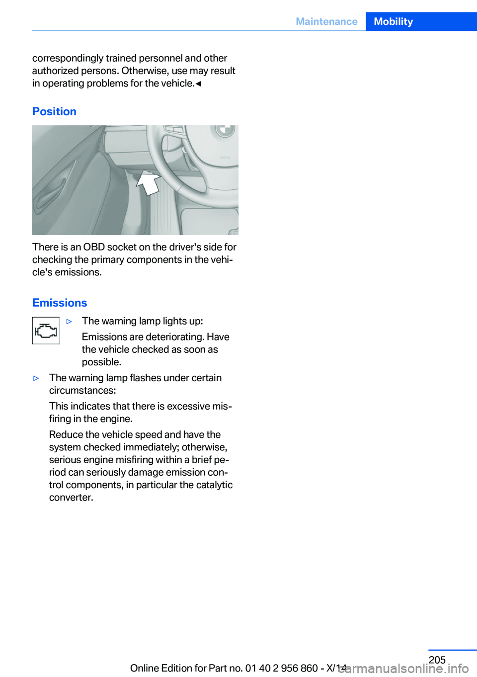 BMW 435I CONVERTIBLE 2014  Owners Manual correspondingly trained personnel and other
authorized persons. Otherwise, use may result
in operating problems for the vehicle.◀
Position
There is an OBD socket on the driver's side for
checkin