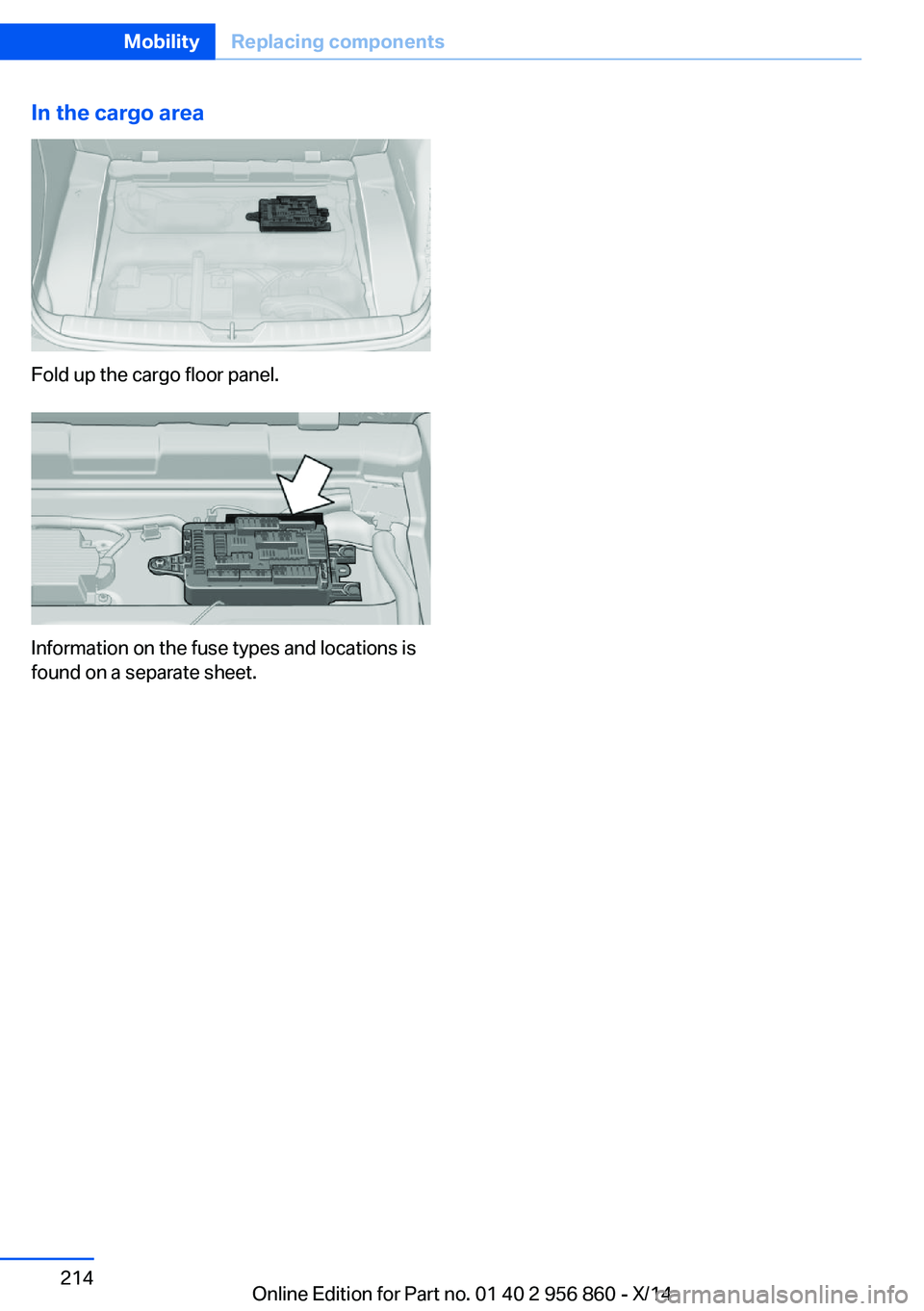 BMW 435I CONVERTIBLE 2014  Owners Manual In the cargo area
Fold up the cargo floor panel.
Information on the fuse types and locations is
found on a separate sheet.
Seite 214MobilityReplacing components214
Online Edition for Part no. 01 40 2 