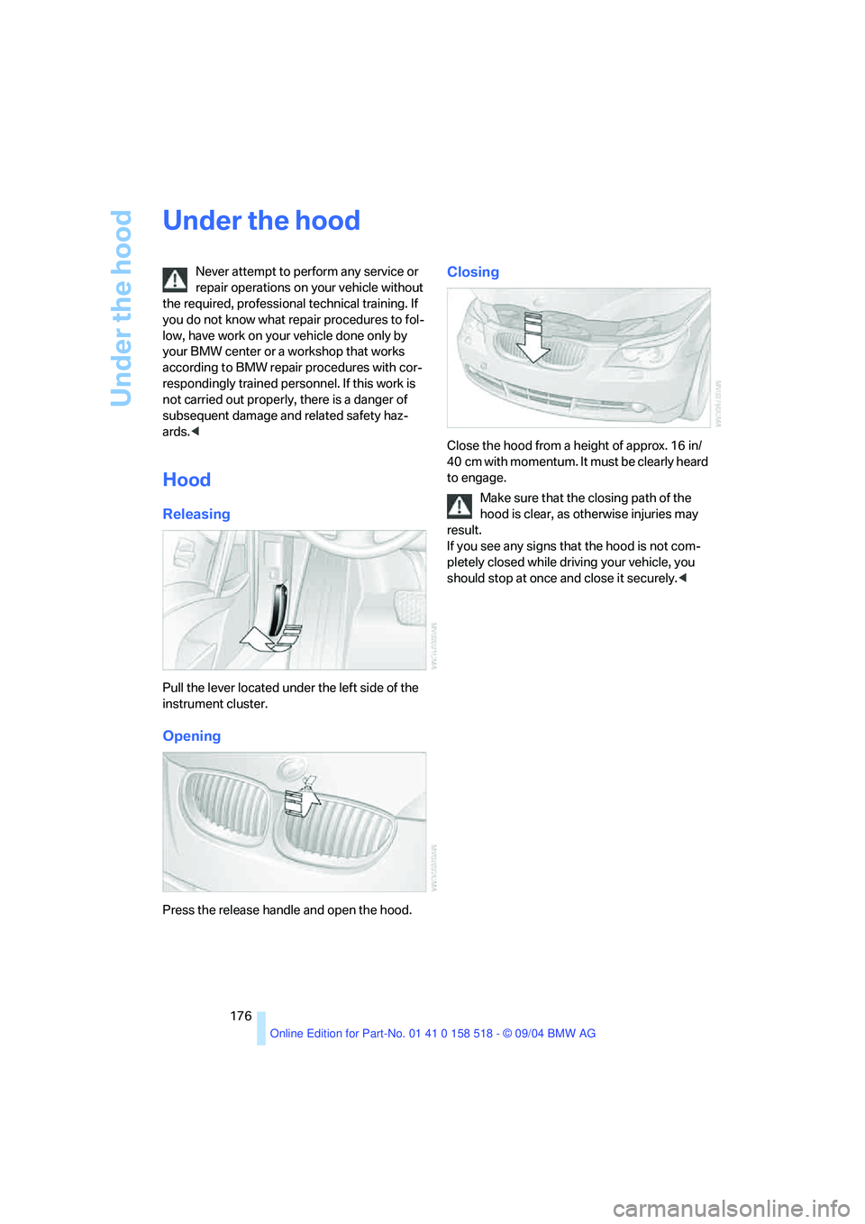 BMW 525I 2005  Owners Manual Under the hood
176
Under the hood
Never attempt to perform any service or 
repair operations on your vehicle without 
the required, professional technical training. If 
you do not know what repair pro