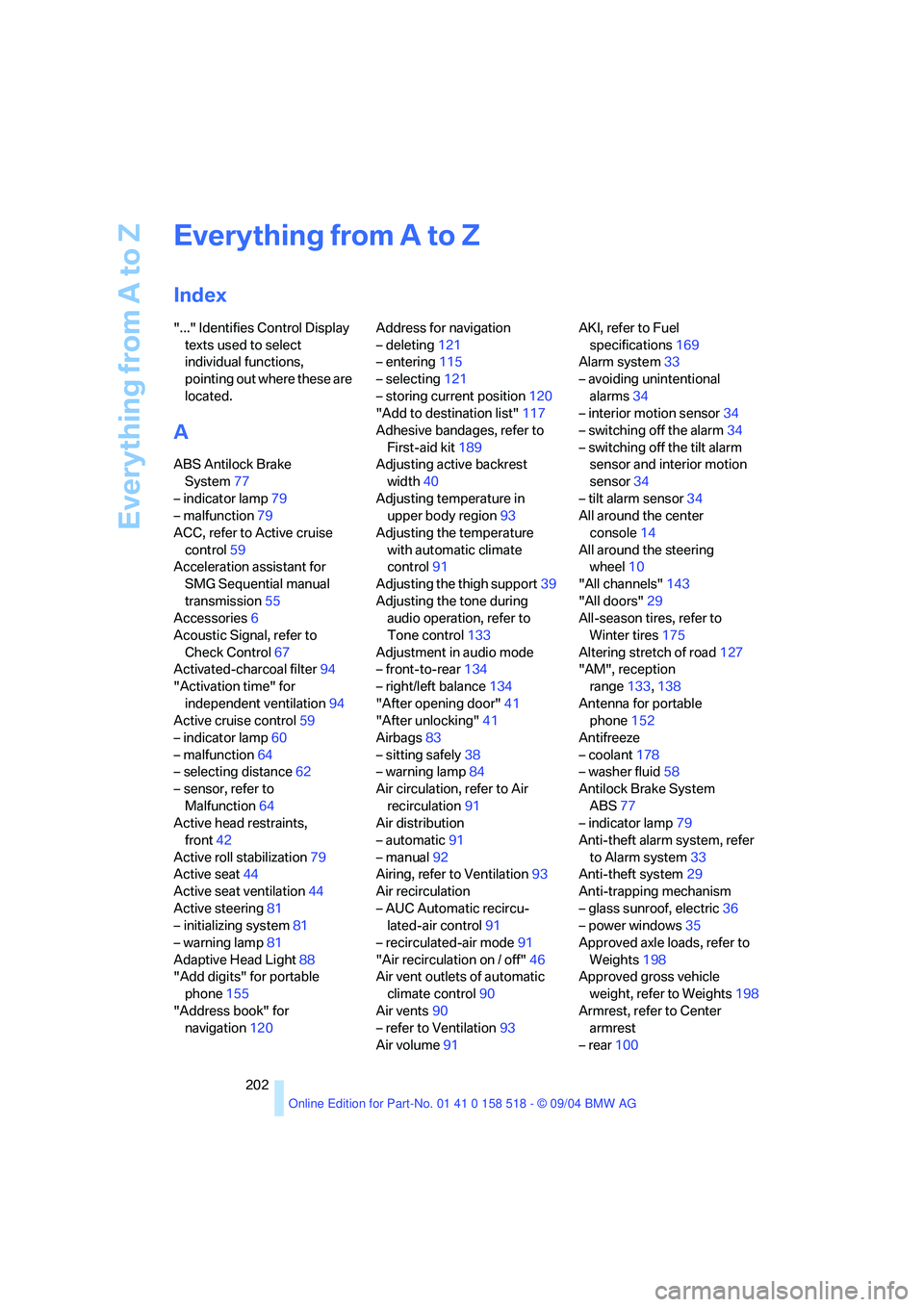 BMW 525I 2005  Owners Manual Everything from A to Z
202
Everything from A to Z
Index
"..." Identifies Control Display 
texts used to select 
individual functions, 
pointing out where these are 
located.
A
ABS Antilock Brake 
Syst