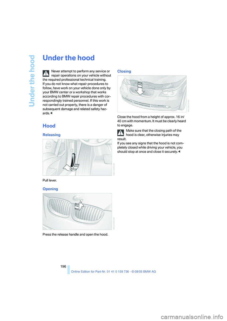 BMW 525XI 2006  Owners Manual Under the hood
196
Under the hood
Never attempt to perform any service or 
repair operations on your vehicle without 
the required professional technical training. 
If you do not know what repair proc