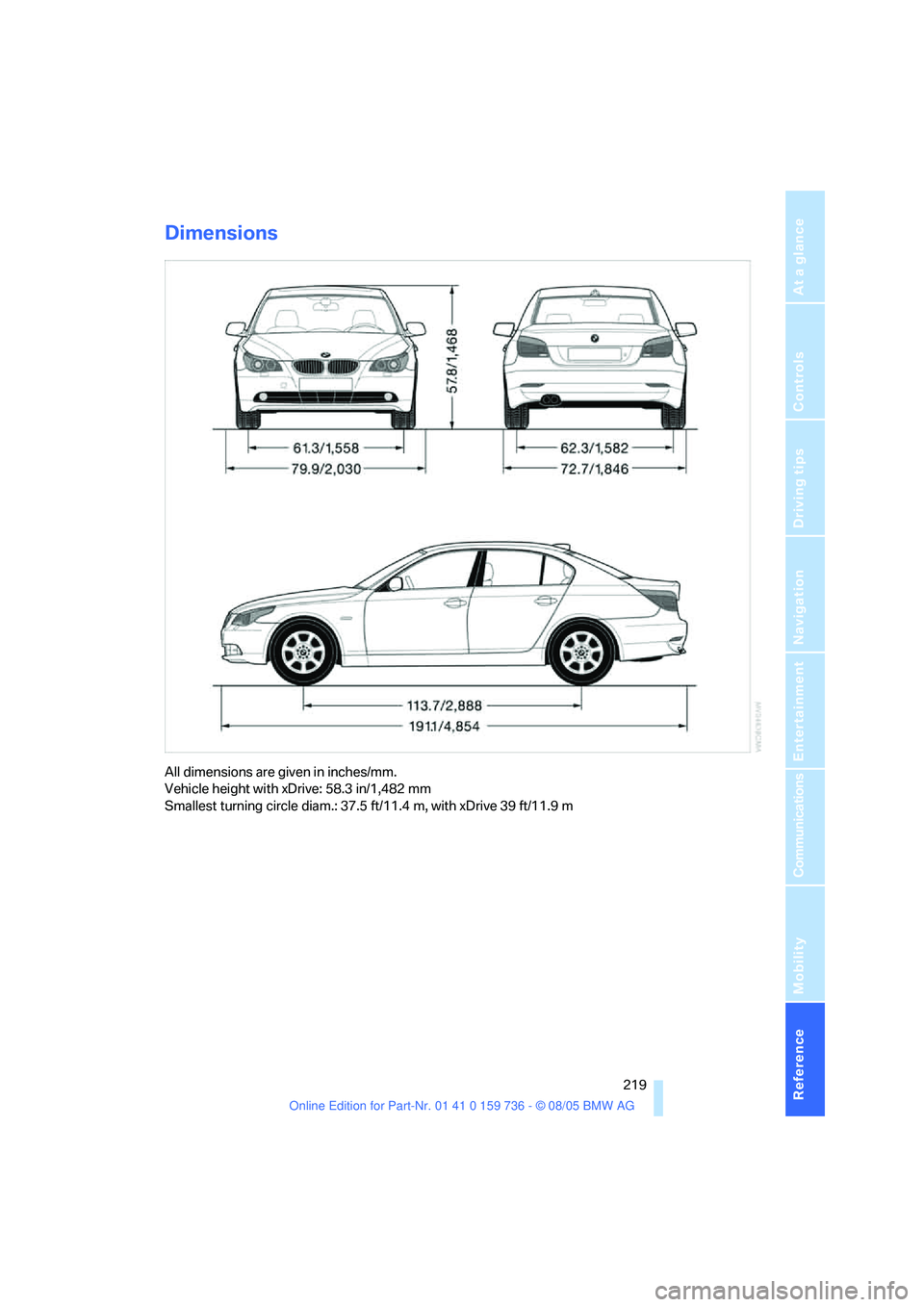 BMW 525XI 2006  Owners Manual Reference 219
At a glance
Controls
Driving tips
Communications
Navigation
Entertainment
Mobility
Dimensions
All dimensions are given in inches/mm. 
Vehicle height with xDrive: 58.3 in/1,482 mm
Smalles